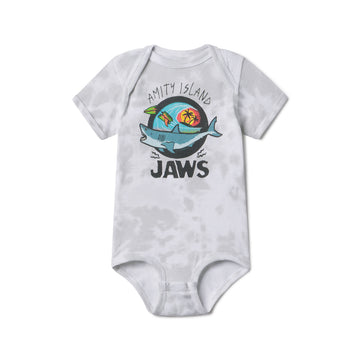 Gray baby onesie with 'Jaws' graphic design on a white background